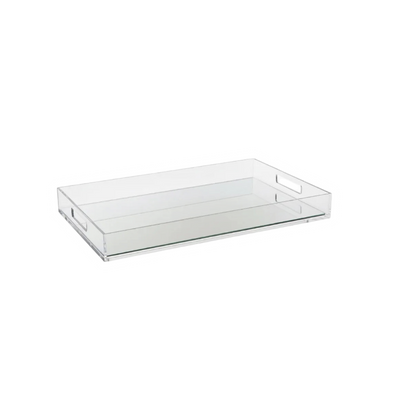 Eclectic clear acrylic mirrored serving tray with integrated handles for modern home decor styling.