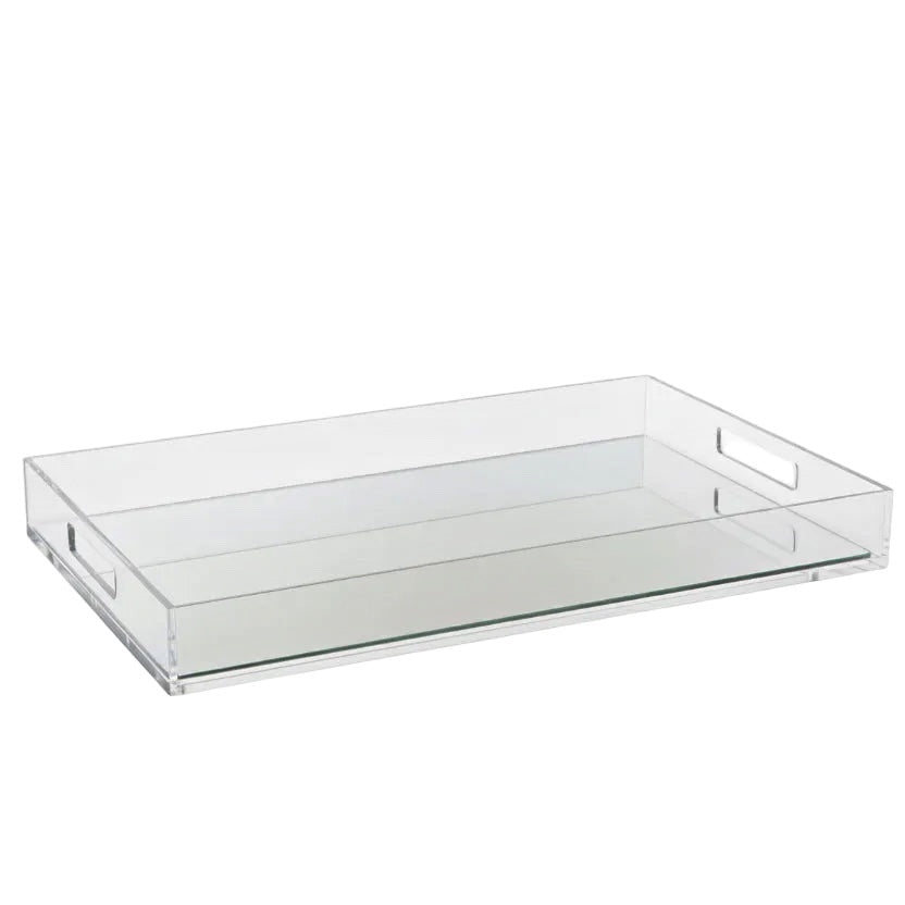 Eclectic clear acrylic mirrored serving tray with integrated handles and a sleek modern design.
