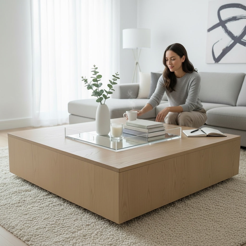 Eclectic clear acrylic mirrored tray styled on a large wooden coffee table with a vase, candle, and books