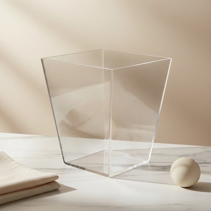 Eclectic clear acrylic square tapered dustbin on a marble surface with minimalist decor