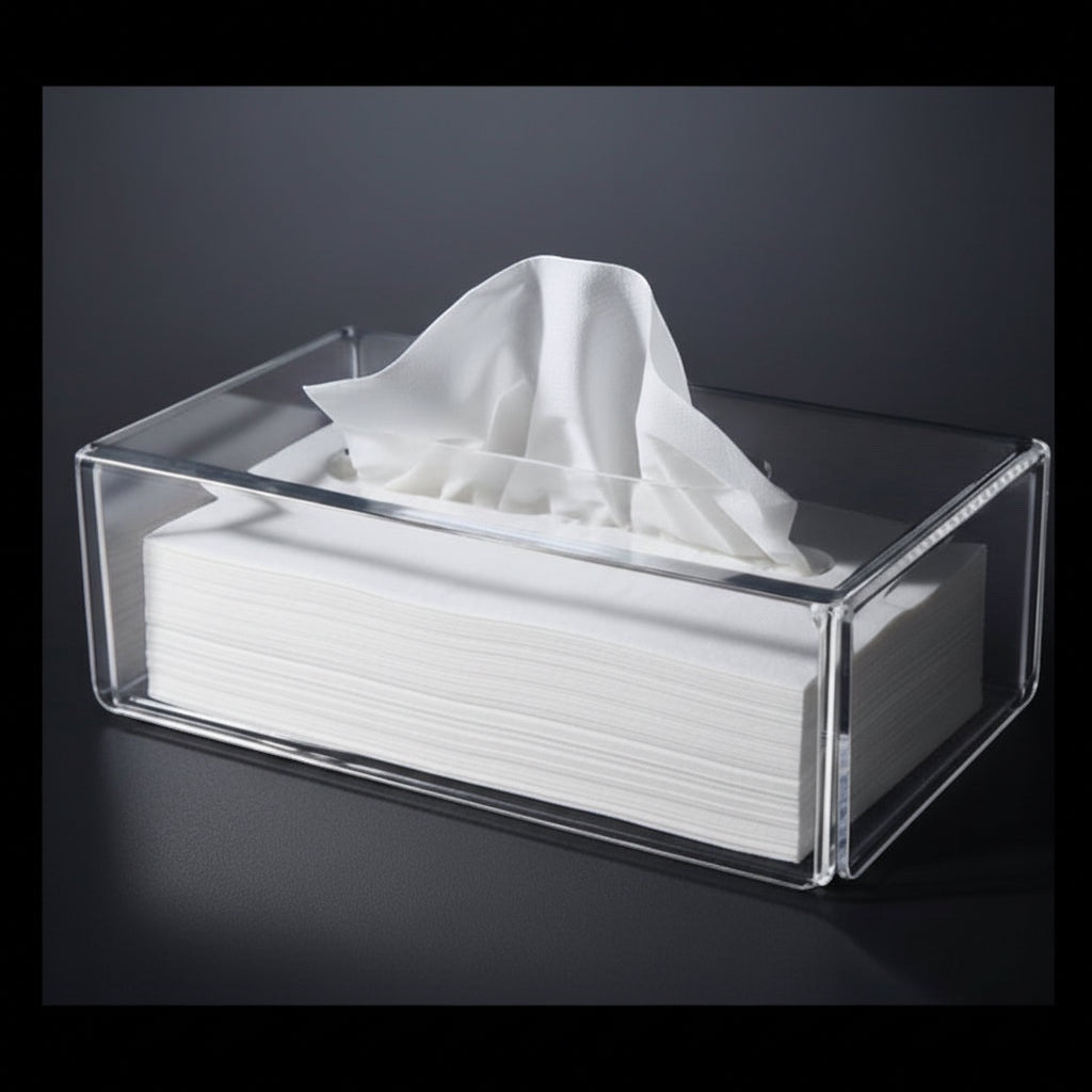Eclectic clear acrylic rectangular tissue box cover with a minimalist design and polished finish.