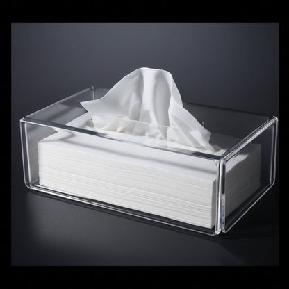 Eclectic clear acrylic rectangular tissue box cover with a minimalist design and polished finish.