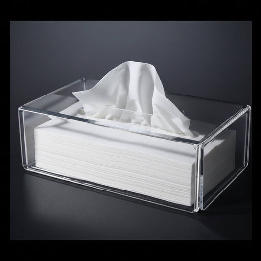 Eclectic clear acrylic rectangular tissue box cover with a minimalist design and polished finish.