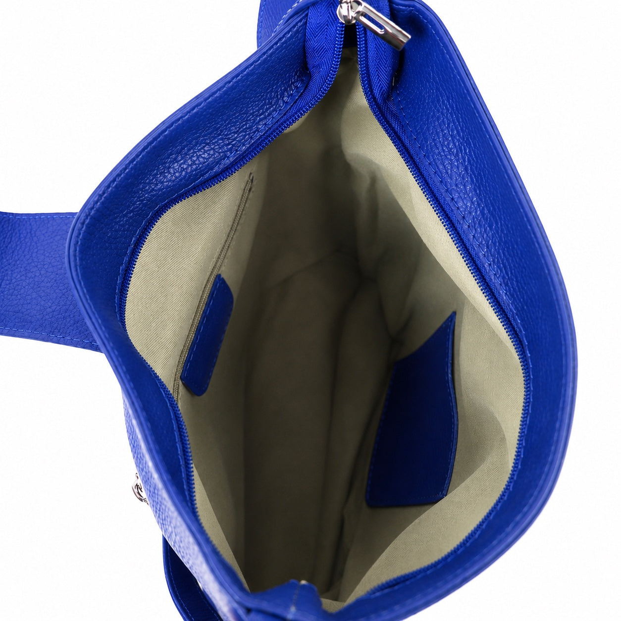 Eclectic Como royal blue pebbled Italian leather crossbody bag interior with zip and slip pockets