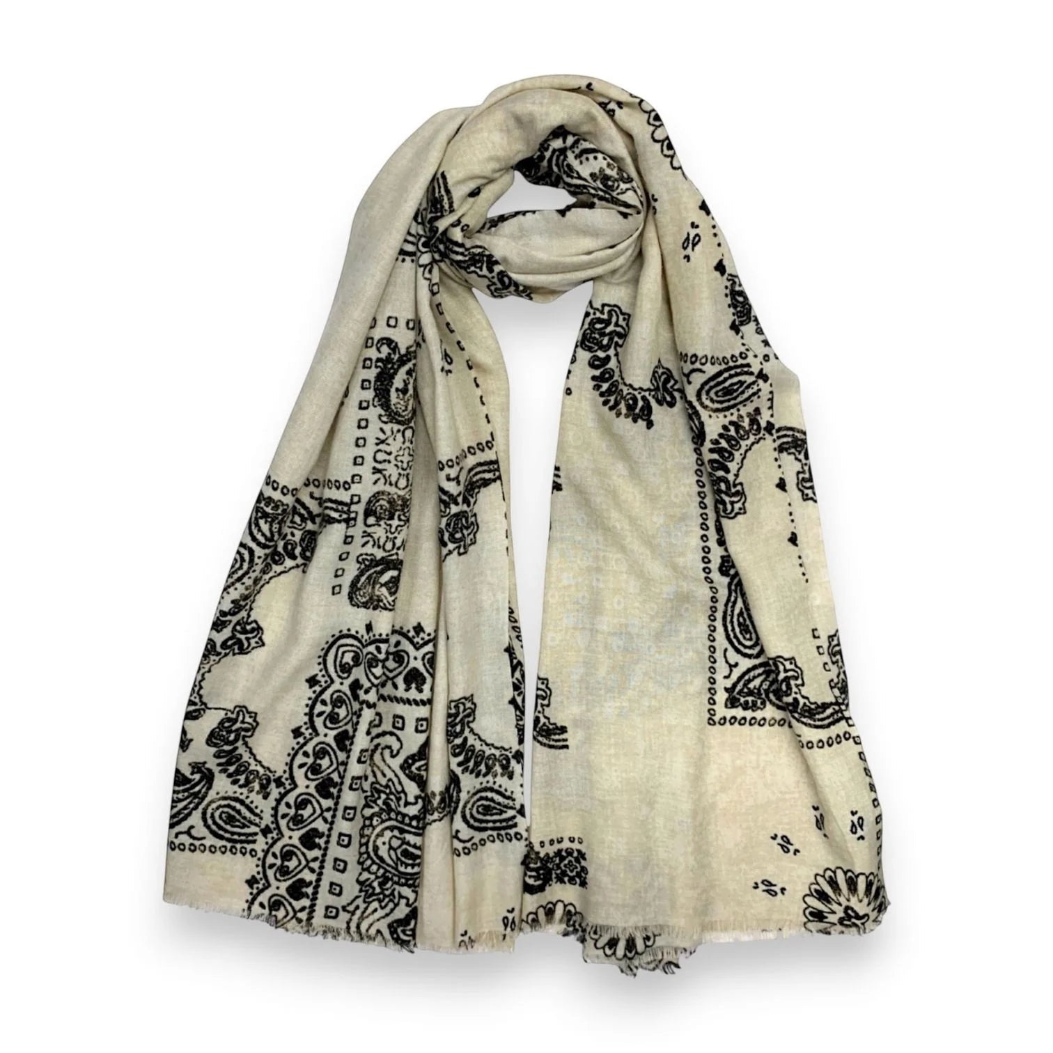 Eclectic cream wool blend scarf featuring an oversized black bandana paisley print with a soft, lightweight drape.