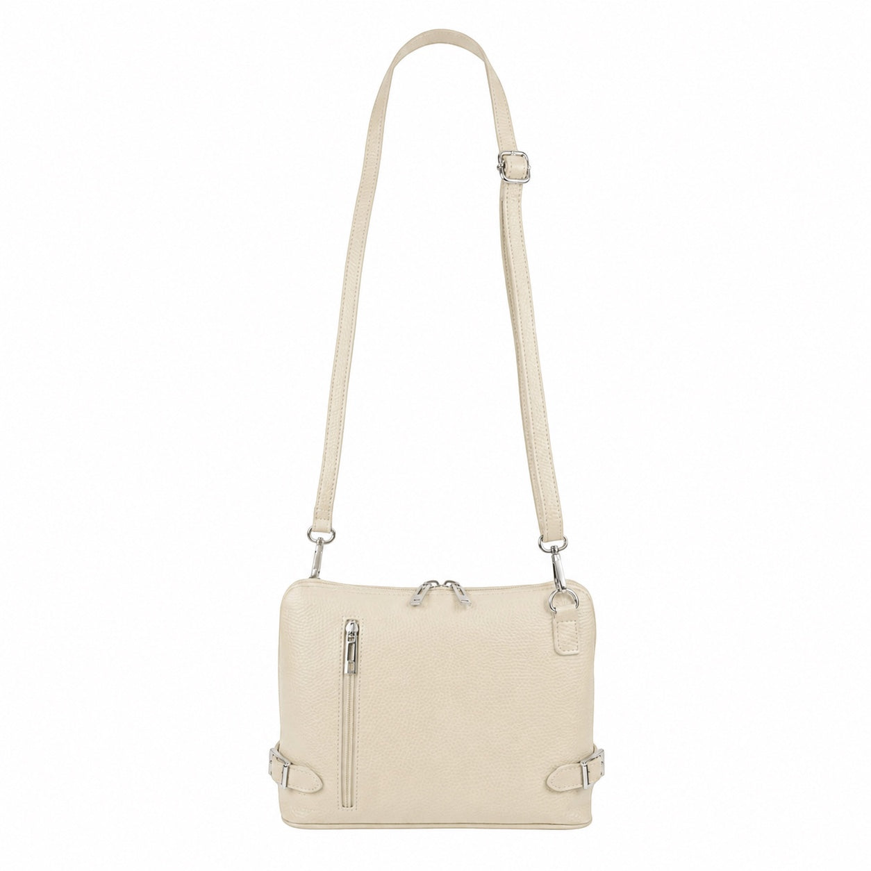 Eclectic cream grained leather crossbody bag with silver hardware, front zip pocket, and adjustable shoulder strap.