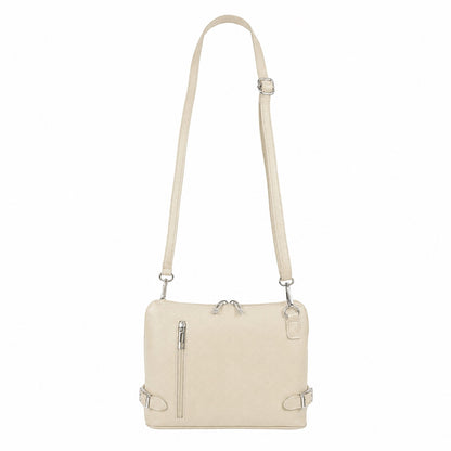 Eclectic cream grained leather crossbody bag with silver hardware, front zip pocket, and adjustable shoulder strap.