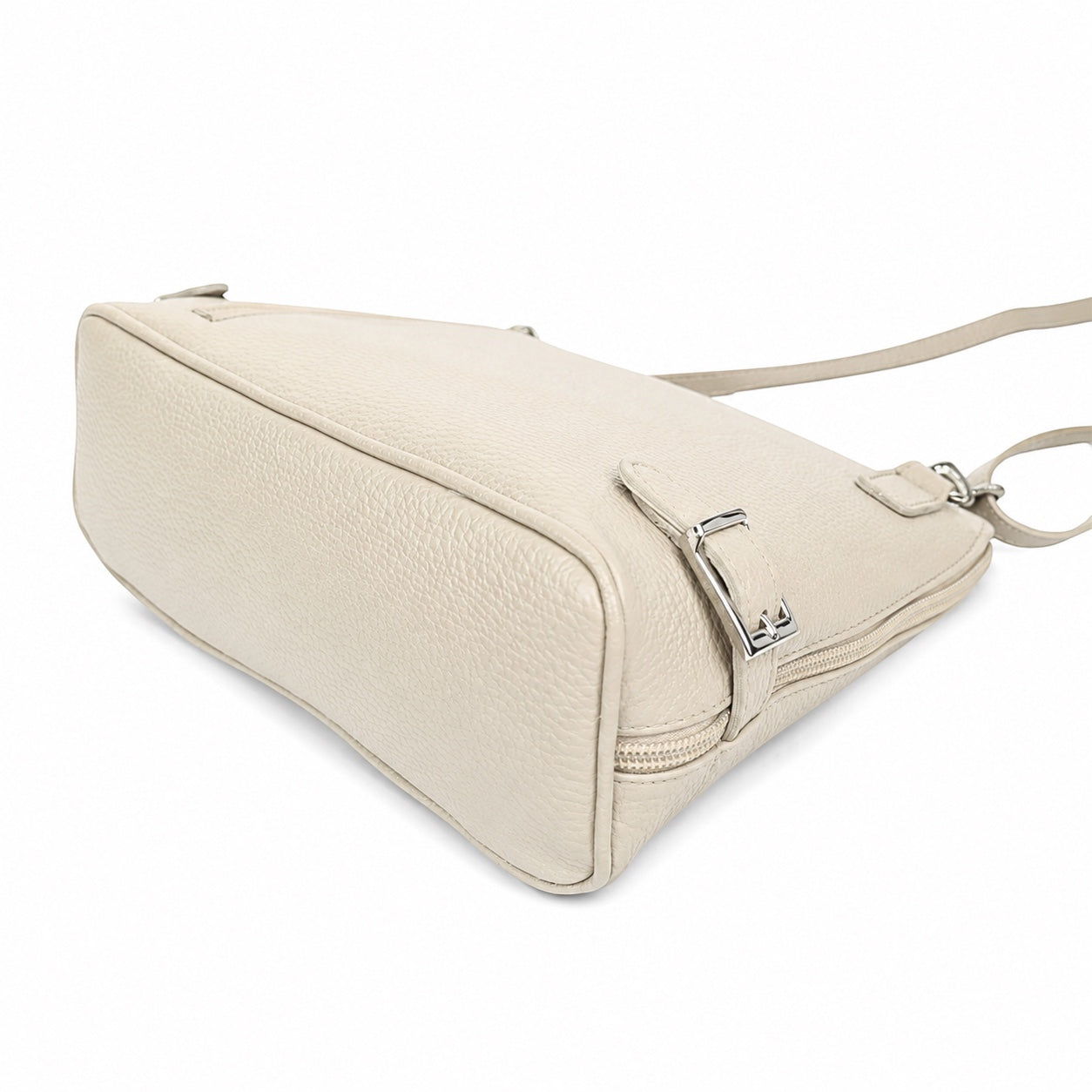 Eclectic cream grained leather crossbody bag with silver buckle detail and adjustable strap