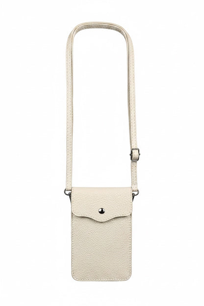 Eclectic genuine pebbled leather phone crossbody bag in cream with silver-tone hardware and adjustable strap.
