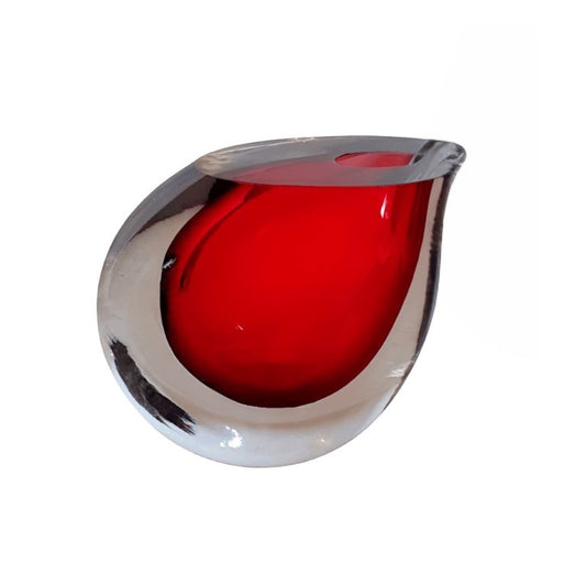 Eclectic crimson art glass vase with a sculptural, layered design and smooth polished finish.