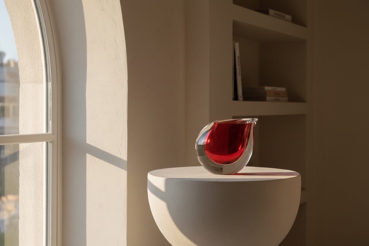Eclectic crimson art glass vase with a sculptural curved silhouette and polished finish on a pedestal by a window