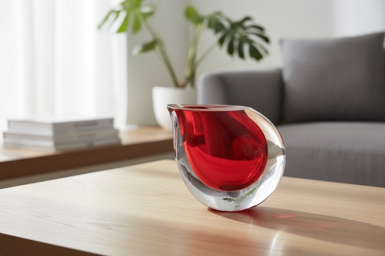 Eclectic crimson art glass vase with a deep red core and clear polished finish on a wooden table.