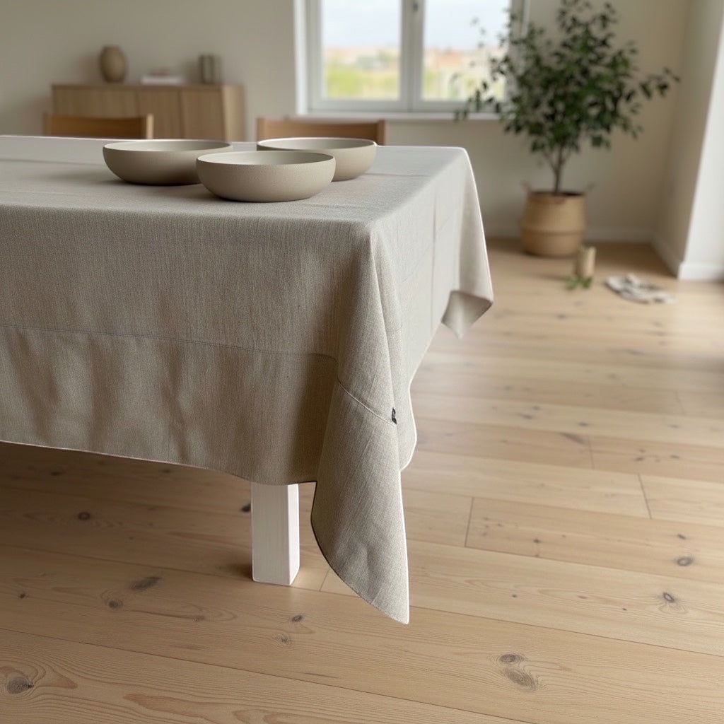 Eclectic Daiva Lino natural stone linen cotton blend tablecloth with soft woven texture on a dining table
