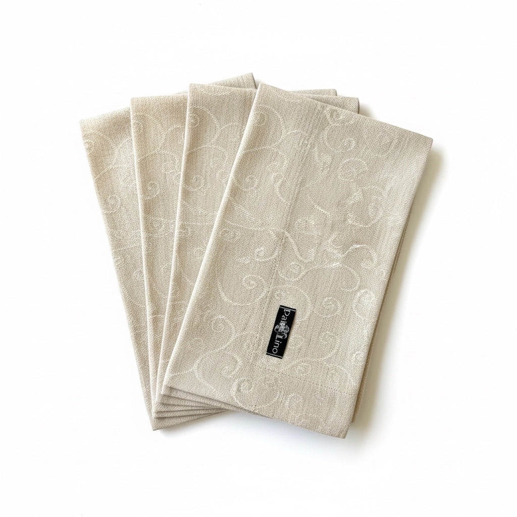 Eclectic set of four natural stonewashed linen napkins by Daiva Lino featuring a delicate tonal scroll pattern