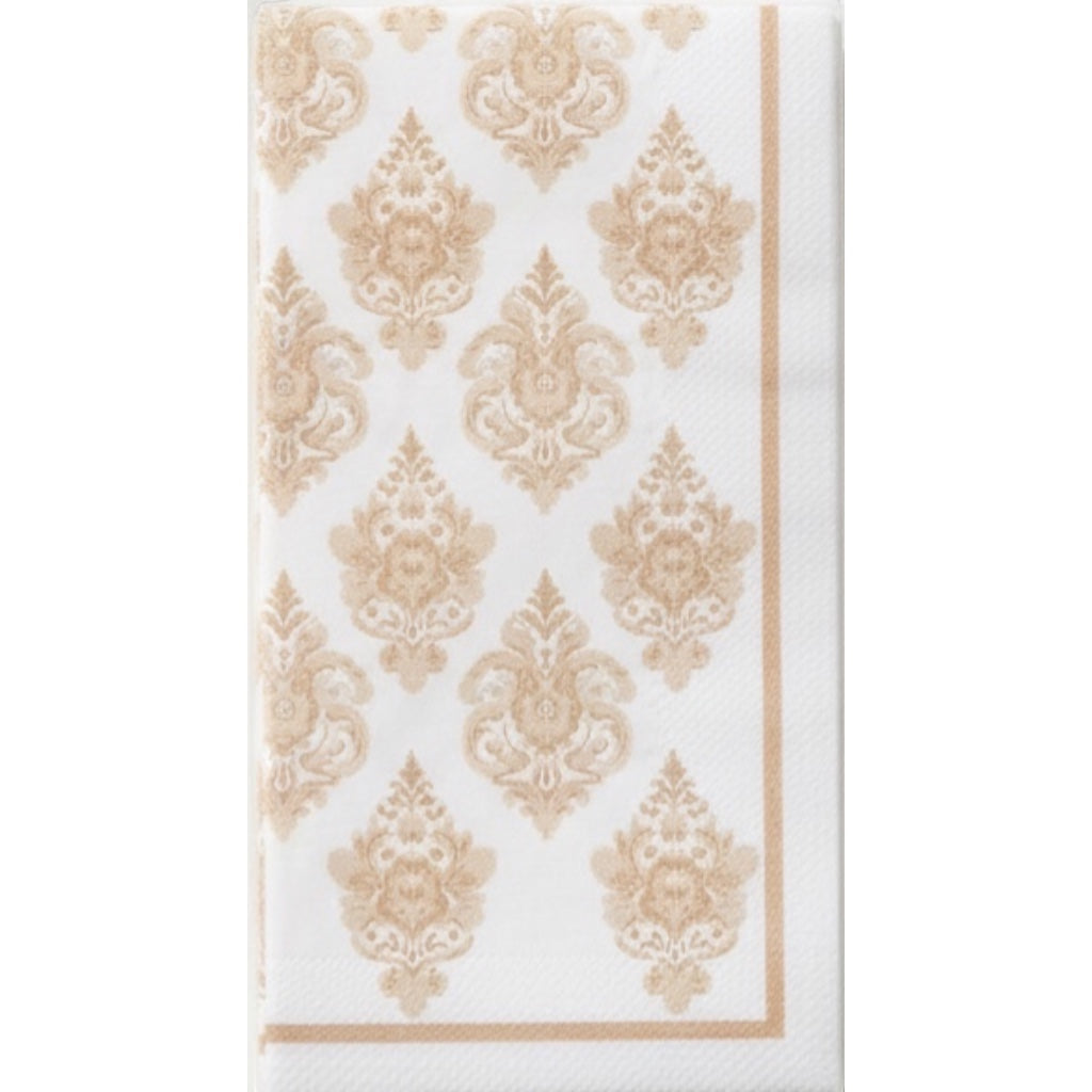 Eclectic damask beige and white airlaid disposable napkins with a linen-feel ornamental pattern.