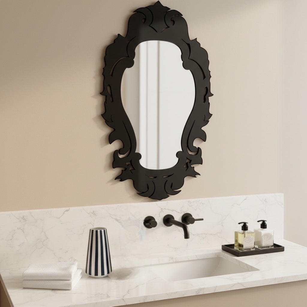 Eclectic Damask Mirror featuring a baroque-inspired black acrylic frame mounted above a marble bathroom vanity.