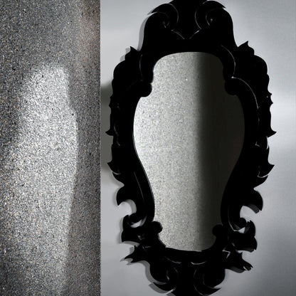 Eclectic Damask Mirror featuring a bold, baroque-inspired black acrylic frame with an ornate, sculptural silhouette.