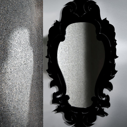 Eclectic Damask Mirror featuring a bold, baroque-inspired black acrylic frame with an ornate, sculptural silhouette.