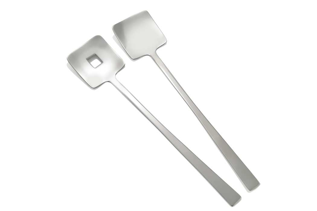Eclectic Deco geometric salad servers in polished stainless steel with a square cutout design