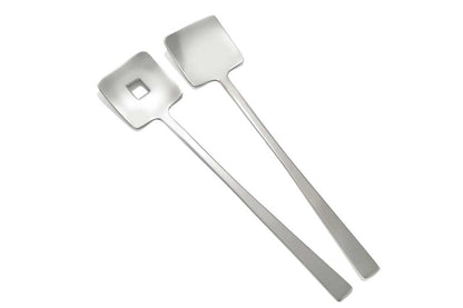 Eclectic Deco geometric salad servers in polished stainless steel with a square cutout design