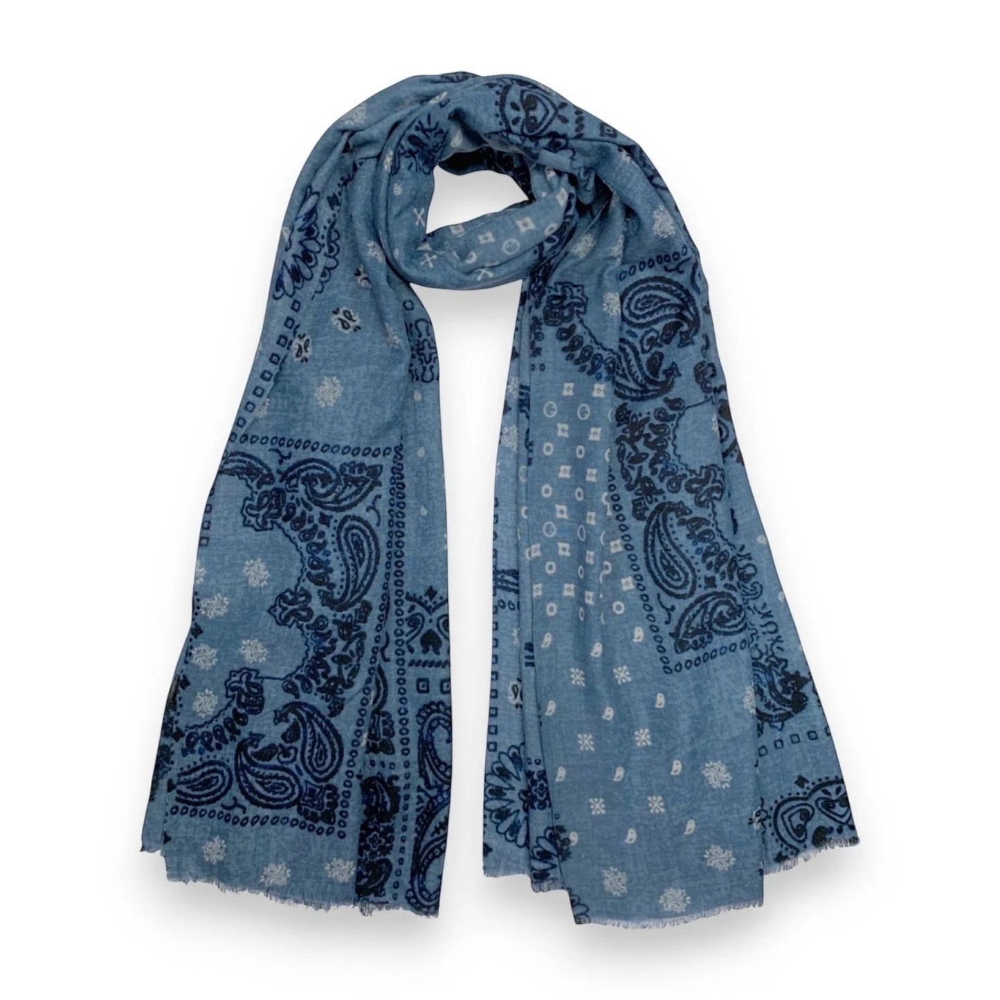 Eclectic denim blue wool blend scarf featuring an oversized navy bandana paisley print and frayed edges.