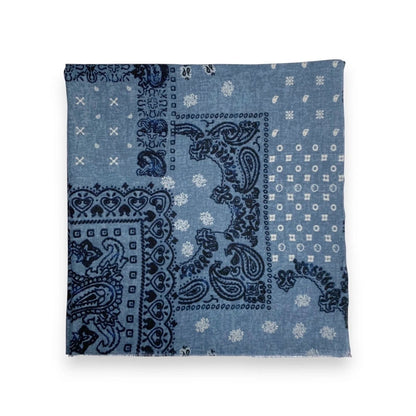 Eclectic denim blue wool blend scarf featuring an oversized navy bandana paisley print in a soft lightweight fabric.
