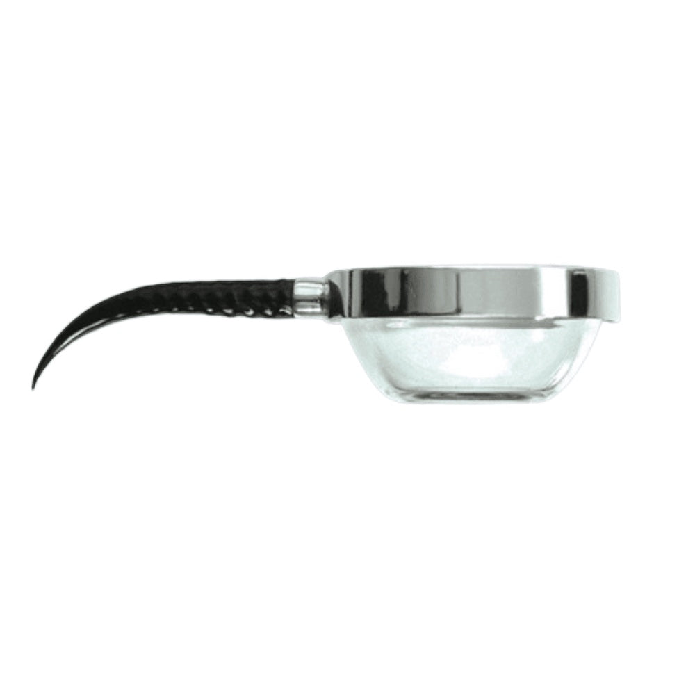 Eclectic Diana Carmichael Impondo Zulu pewter dish with a black resin antelope horn handle and stainless steel insert.