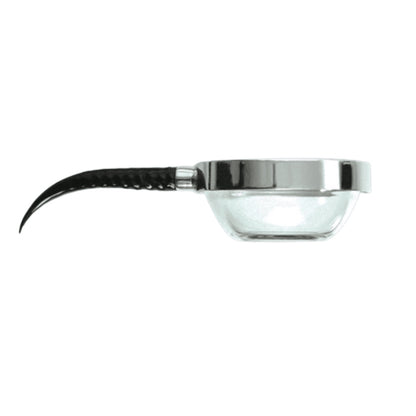 Eclectic Diana Carmichael Impondo Zulu pewter dish with a black resin antelope horn handle and stainless steel insert.