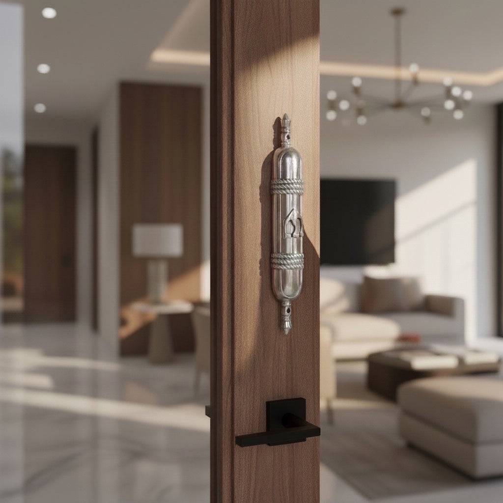 Eclectic Diana Carmichael Noble Mezuzah case in polished pewter mounted on a wooden doorframe with African-inspired design.