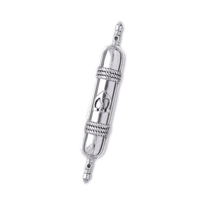 Eclectic Diana Carmichael Noble Mezuzah case in polished pewter with African-inspired patterned collars and spear finials