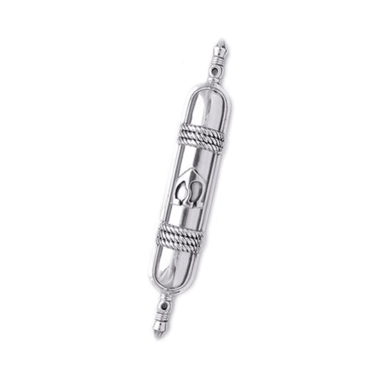 Eclectic Diana Carmichael Noble Mezuzah case in polished pewter with African-inspired patterned collars and spear finials