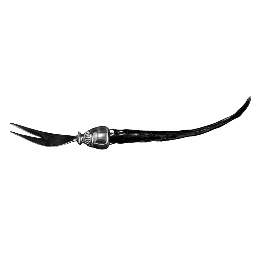 Eclectic Diana Carmichael Impondo Zulu pickle fork with a polished ebony resin handle and stainless steel tines.