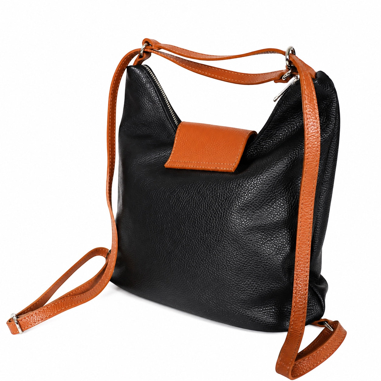 Eclectic Donatello Duo black and tan grain leather convertible backpack and shoulder bag with silver hardware.