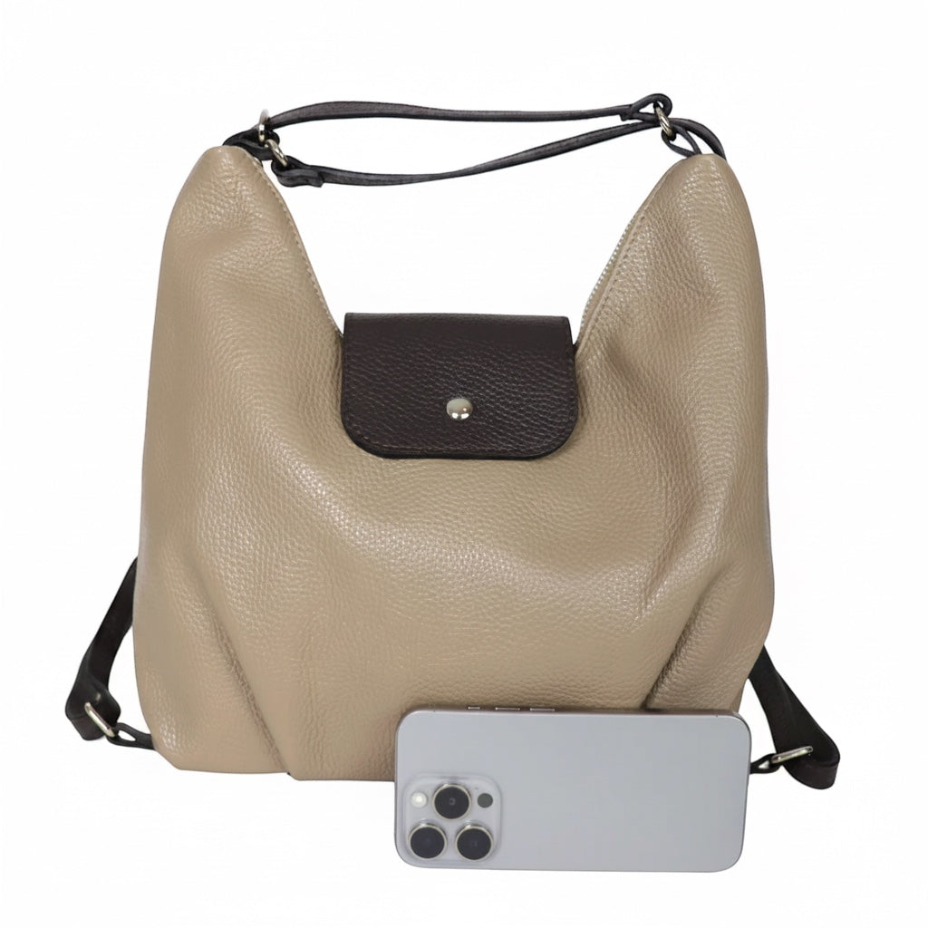 Eclectic Donatello Duo taupe grain leather convertible bag with black contrast details and silver-tone hardware.