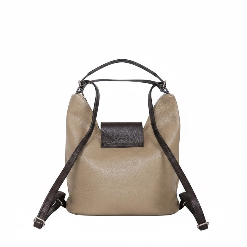 Eclectic Donatello Duo taupe grain leather convertible bag with dark brown contrast straps and silver hardware.
