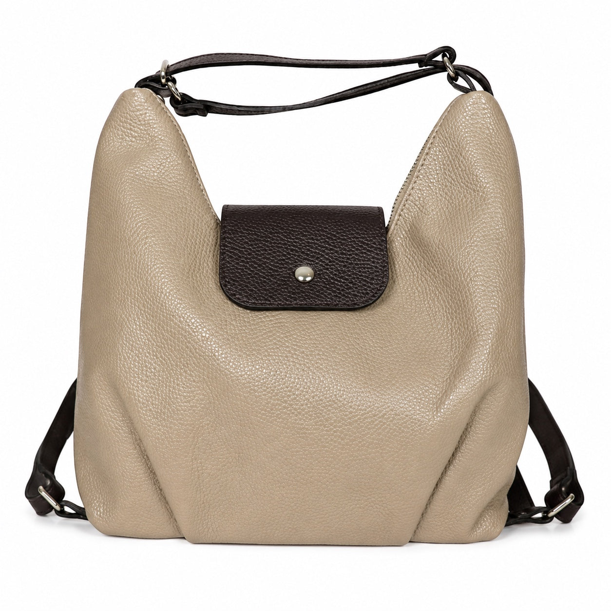 Eclectic Donatello Duo taupe grain leather convertible bag with black contrast flap and silver-tone hardware.