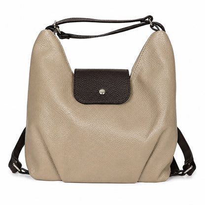 Eclectic Donatello Duo taupe grain leather convertible bag with black contrast flap and silver-tone hardware.