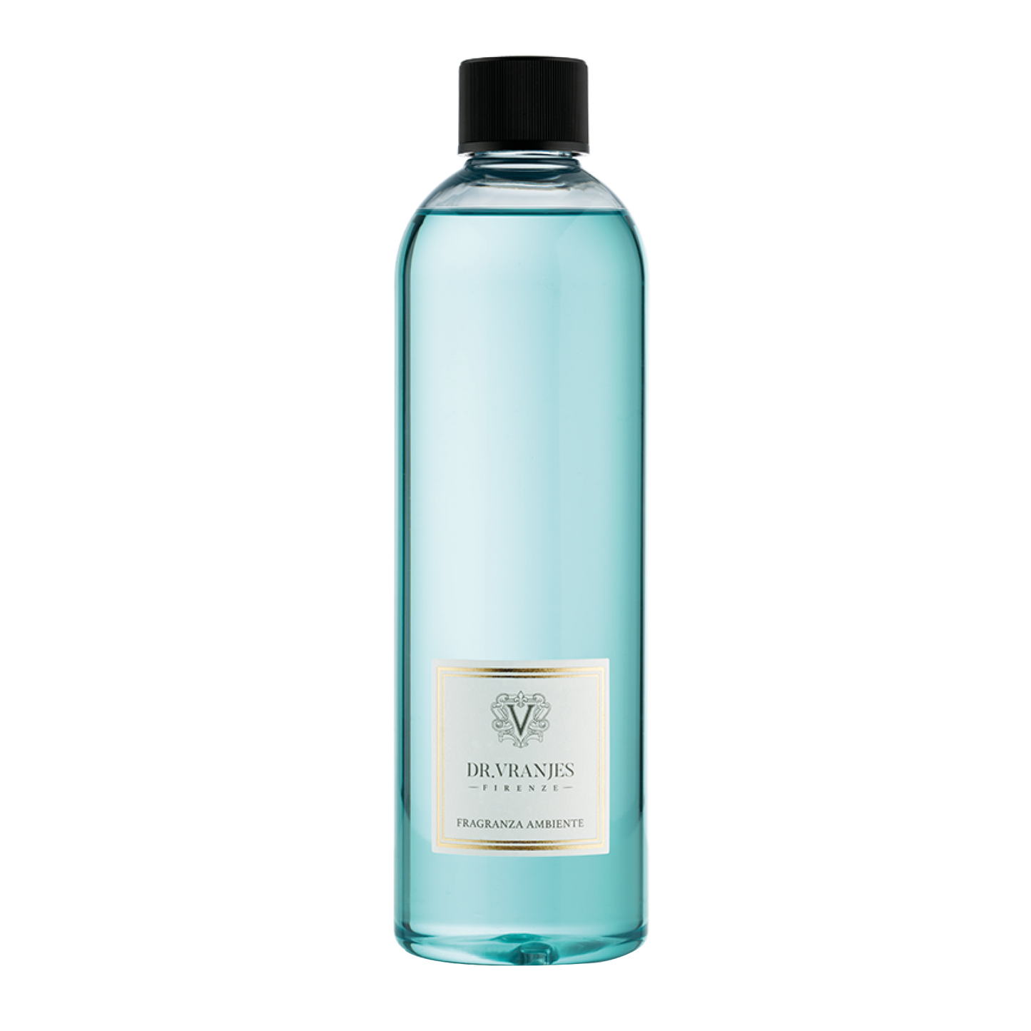 Eclectic Dr Vranjes Acqua diffuser refill bottle with light blue marine fragrance liquid on a black background