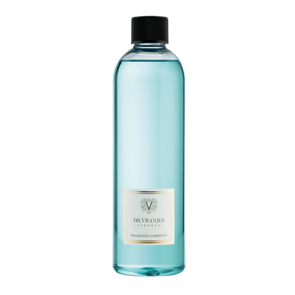 Eclectic Dr Vranjes Acqua diffuser refill bottle with light blue marine fragrance liquid on a black background