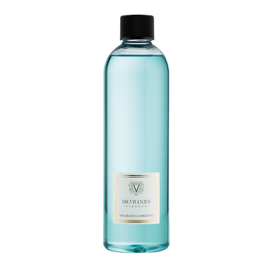 Eclectic Dr Vranjes Acqua diffuser refill bottle with light blue marine fragrance liquid on a black background