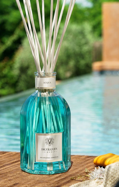 Eclectic Dr Vranjes Acqua reed diffuser in a blue glass bottle with natural sticks, set by a serene outdoor pool.