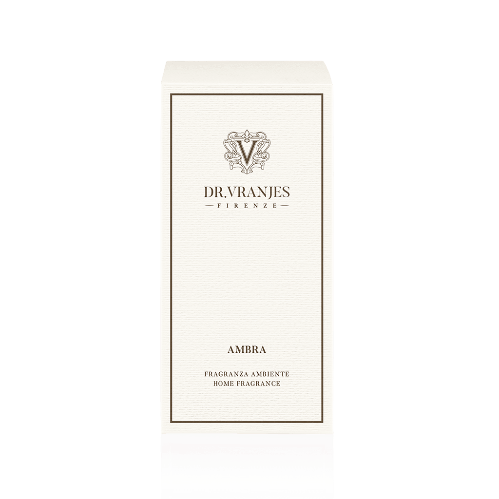 Eclectic Dr Vranjes Ambra home fragrance diffuser white rectangular gift box with elegant branding