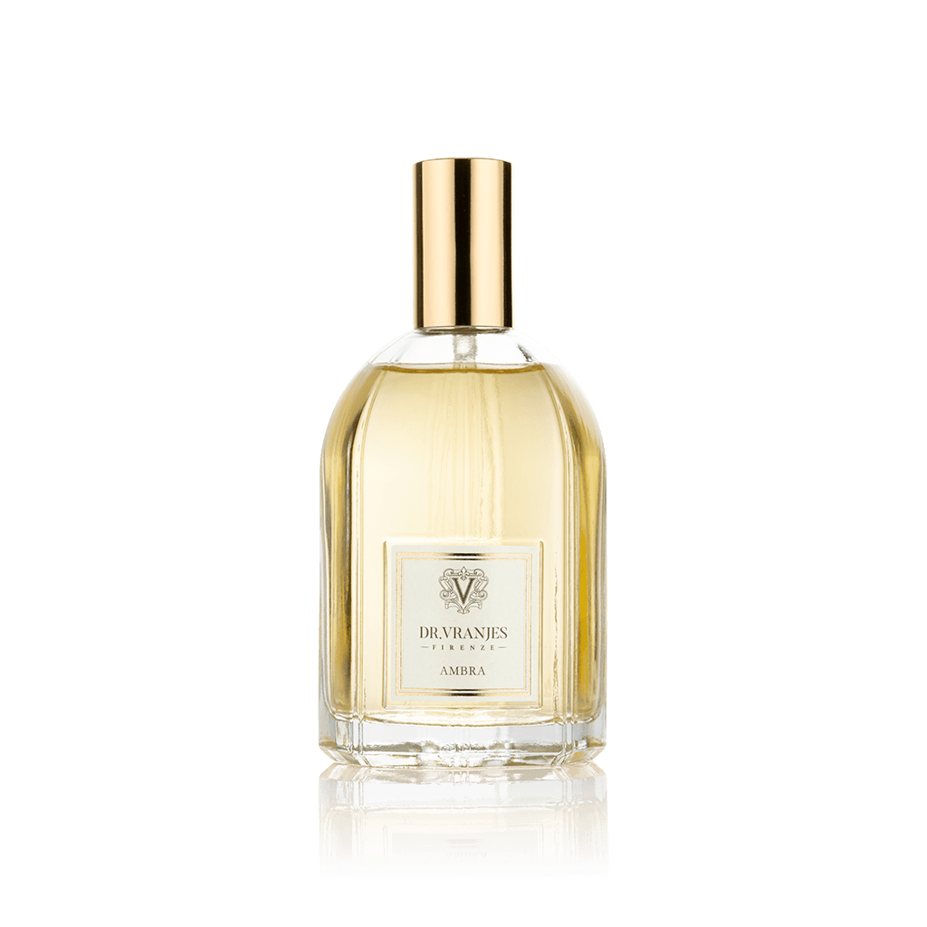 Eclectic Dr. Vranjes Ambra room spray in a 100ml glass bottle with a gold cap against a black background.