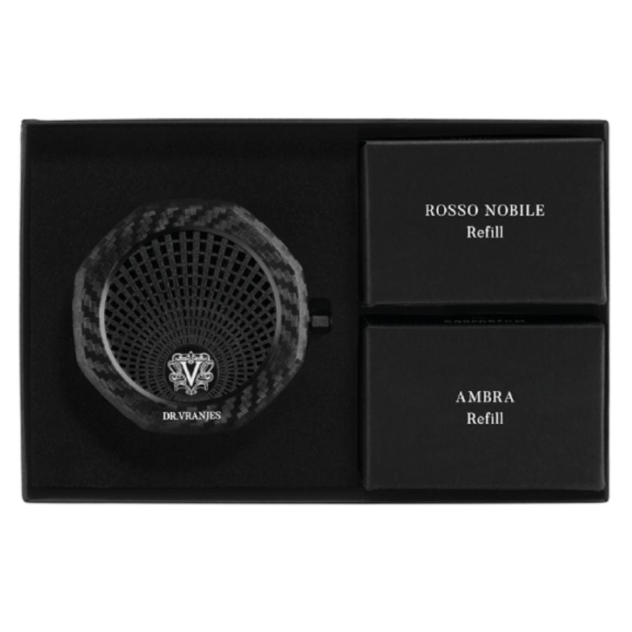Eclectic Dr. Vranjes carbon car diffuser gift set with Rosso Nobile and Ambra fragrance refills in a black presentation box