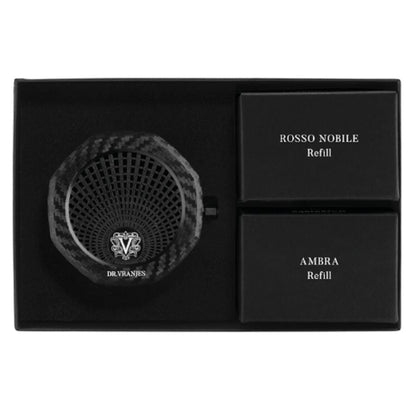 Eclectic Dr. Vranjes carbon car diffuser gift set with Rosso Nobile and Ambra fragrance refills in a black presentation box