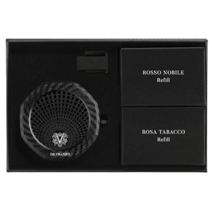 Eclectic Dr. Vranjes carbon car diffuser gift set with Rosso Nobile and Rosa Tabacco fragrance refills in a black box.
