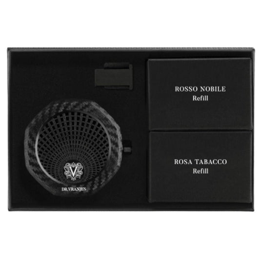 Eclectic Dr. Vranjes carbon car diffuser gift set with Rosso Nobile and Rosa Tabacco fragrance refills in a black box.