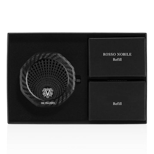 Eclectic Dr Vranjes carbon car diffuser gift set with Rosso Nobile and Oud Nobile fragrance refills in a black box.