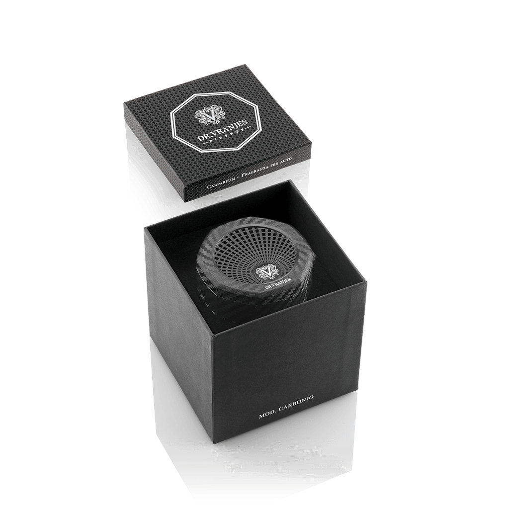 Eclectic Dr Vranjes carbon fibre car fragrance diffuser in an elegant black presentation box with octagonal branding.