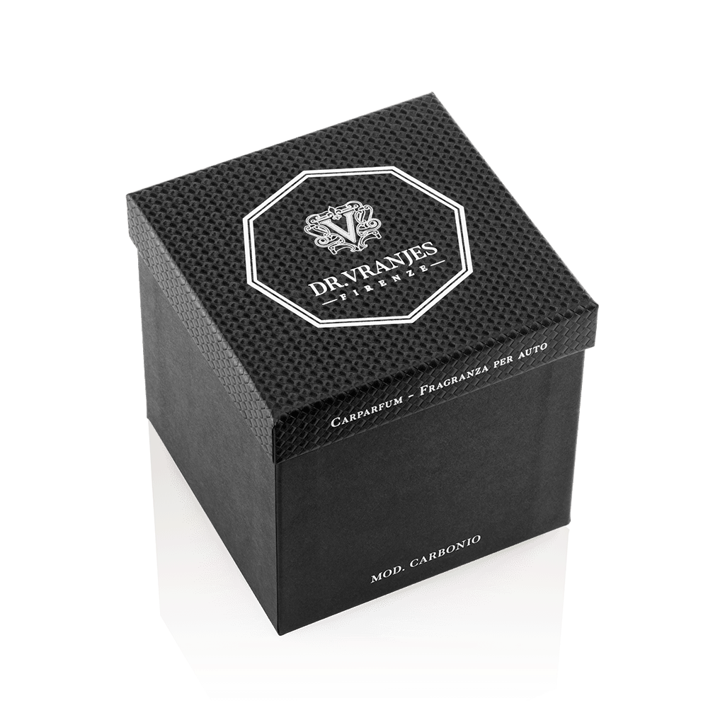 Eclectic Dr Vranjes carbon fibre car diffuser packaging box with octagonal logo on a black background